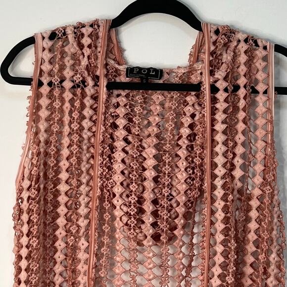 POL Duster Vest Crochet Fringe Trim Hood Size S Dark Blush Pink Boho Rave Indie - Picture 4 of 8